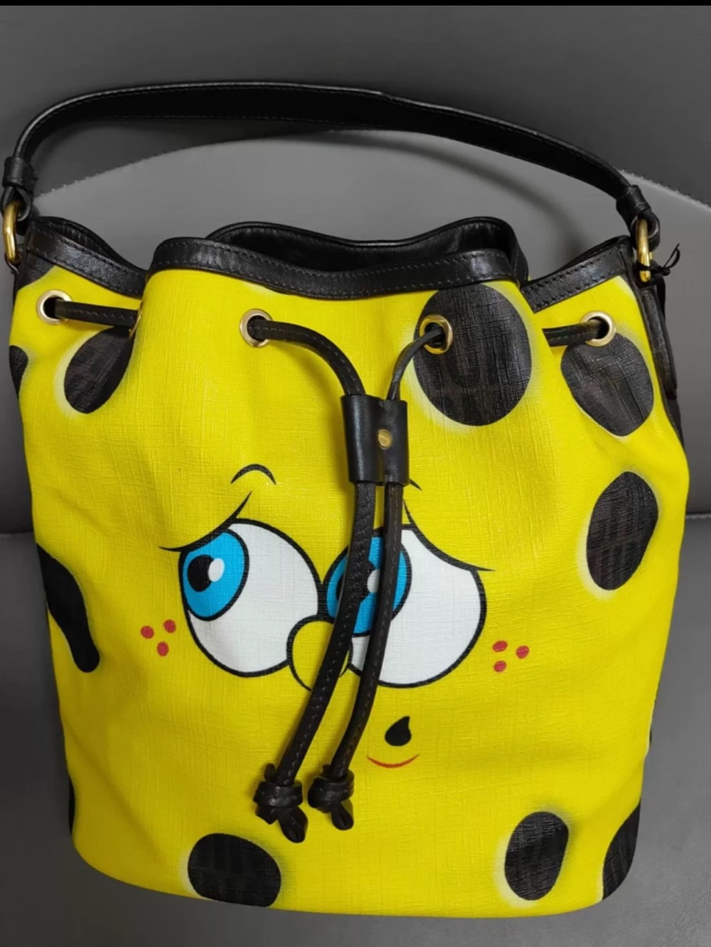 Moschino Spongbob Yellow and Black Polka Dot Shoulder Bucket Bag with Straps - Picture 2 of 8